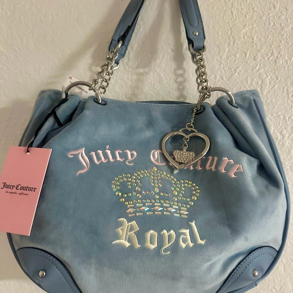 Juicy Couture~ Kingdom~ Dusty Blue Tote Bag with Silver & Pink Embroidery